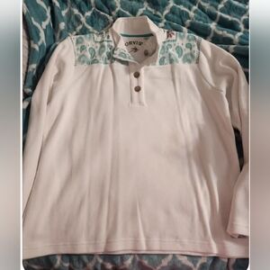 Orvis Cream Shirt with Teal Patterned Pullover
